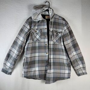 Wrangler Authentics Men’s Quilted Hooded Flannel Shirt Jacket Gray Plaid, Medium